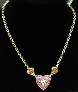 NEW BETSEY JOHNSON GOLD TONE CHAIN,PINK ROSE,EVIL EYE HEART CHARM NECKLACE