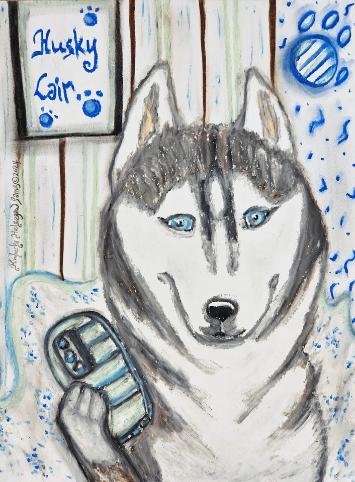 SIBERIAN HUSKY Selfie Original 9x12 Oil Pastel Painting Dog Signed Artist KSams - Image 1 of 1