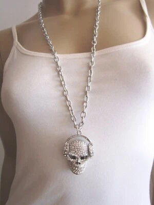 Modekette Hals Kette lang Strass Totenkopf mit Kopfhörern DJ Skull Silber Bling - Bild 1 von 4