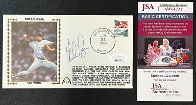 Nolan Ryan Signed 1990 FDC Envelope JSA w/COA '300 Wins' MLB T. Rangers HOF '99! - Image 1 of 4