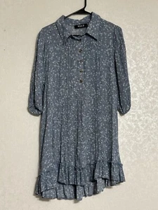 Blue B Collection Blue Floral 3/4 Sleeves Collared Babydoll Dress Ruffled Hem S - Picture 1 of 6
