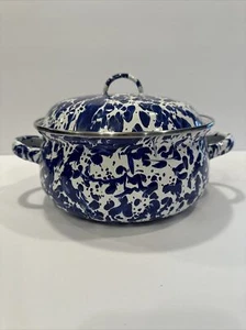 Blue & White 2.5 Quart Cobalt Swirl Enamelware Splatterware DUTCH OVEN Enamel - Picture 1 of 8