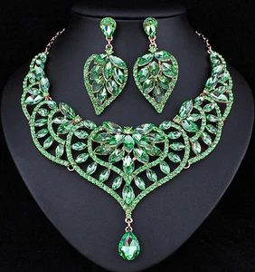 Water Lily Green Austrian Rhinestone Necklace Earrings Set Prom Bridal N916g - Picture 1 of 4