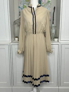 1970s Secretary Pleated Shirt Dress Semi Sheer Size Small Union Made Blue Accent - Picture 1 of 13