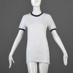 S Vintage 1970s 70s White Cotton T Shirt Navy Cuff Hippie Boho Tee Deadstock - Picture 1 of 6