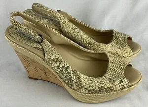 Via Spiga Slingback Cork Wedge Heels Sandals Peep Toe Snakeskin Pattern W 8.5M - Picture 1 of 8