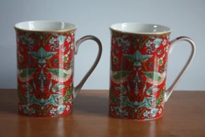 Pair of Red Floral Coffee Mugs Cups William Morris Strawberry Thief Design - Picture 1 of 4