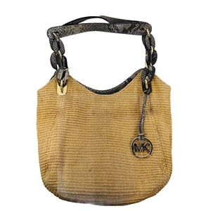 Michael Kors Straw Shoulder Bag Tan Raffia Chain Link Logo Double Strap Purse - Picture 1 of 15