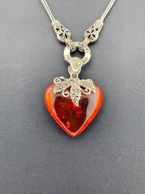 COLLAR CADENA COLA DE ZORRO CORAZÓN ÁMBAR BÁLTICO PLATA ESTERLINA 925 OXIDADA 24" 2023 Foto 1 de 4