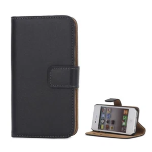 Apple iPhone 4 4S Wallet Case Genuine Split Echt Leder Klapp Etui Hülle Schwarz - Bild 1 von 6