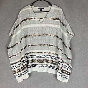 Maggie T Blouse Womens 14 White Black Bronze Sequin Geometric Striped Poncho - Picture 1 of 7