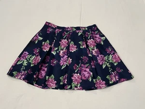 Sequin Hearts Floral Print A-Line Pleated Skirt Size 16 Navy Blue Purple Mini - Picture 1 of 13