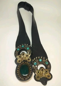 Chico’s Black Adjustable Leather Belt, Black Gemstone Belt Size S/M 37.25" - Picture 1 of 9