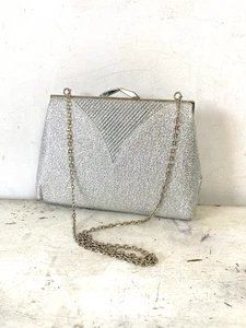 Vintage Silver Sparkly Handbag Shoulder Chain Strap 80s Disco Occasion Wear - Picture 1 of 7