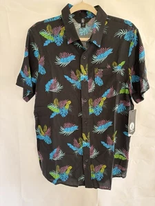 Volcom Shirt Mens Medium- Black W. Blue Feather Leaves Short Sleeve Button Up - Picture 1 of 8