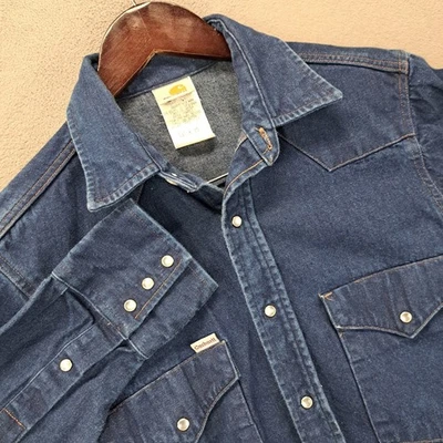 Camisa Carhartt Para Hombres Denim Western Botón a Presión Azul SO2 DNM Hecha en EE. UU. 15,5 x 35 Foto 1 de 4
