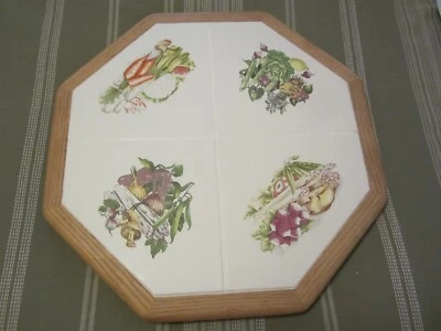 Vtg Tile Top Veggies Design Hexagon 20” Wooden Lazy Susan / Heavy 13 Pounds - Image 1 of 4