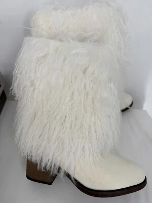 $325 Bearpaw Boticia White Curly Lamb Fur Pony Hair Fur Heeled Tall Boots Sz 9 - Image 1 of 4