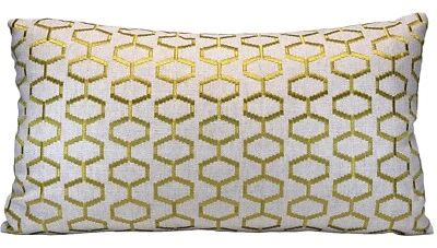 Metallic Embroidered Geometric Decorative Throw Pillow Cover on Linen - Image 1 of 4
