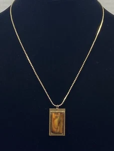 Gold Tone Brown Stone Rectangle Pendant Virgo Necklace Boho Celestial - Picture 1 of 9