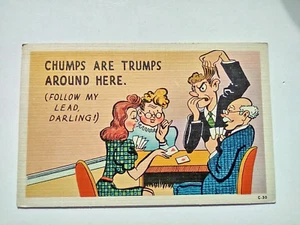 Postal de cómic de lino vintage "Chumps Are Trumps Around Here" juegos de cartas humor - Imagen 1 de 10