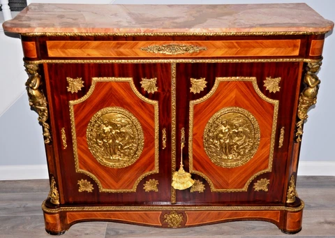 Antique Marble Bronze Dore Inlaid Commode Sideboard Server Cabinet Dresser Chest Cover