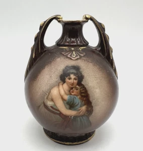 Antik Österreich braun Doppelgriff Bud Vase handbemalt Porträt 5" hoch - Bild 1 von 8