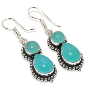 Aqua Chalcedony Gemstone Handmade 925 Sterling Silver Jewelry Earring Size 2.20" - Picture 1 of 1