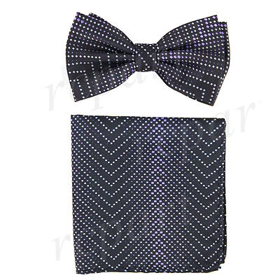 Conjunto de pajarita y pañuelo preatado para hombre espiga negro púrpura formal boda graduación Foto 1 de 4