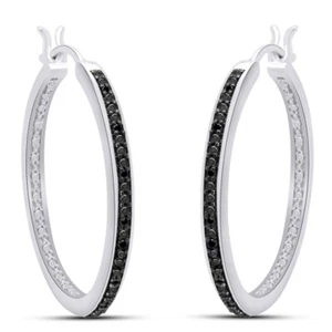 1/12ct Black Real Diamond Accent 30mm Hoop Huggie Earrings in Sterling Silver - Picture 1 of 10