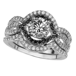 2 Ct Round Cut Lab Created Black Spinel Trio Ring Set 14K White Gold Plated - Picture 1 of 4