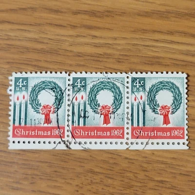 The First U.S. Christmas Stamp Scott #1205 Christmas 1962 Blk of 3 Canceled - Image 1 of 2