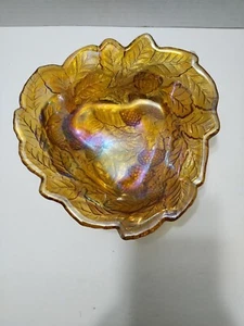 Vintage Carnival Indiana Glas irisierend Bernstein Ringelblume Weinblatt Süßigkeiten Schale - Bild 1 von 12