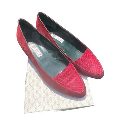 Gucci Red Suede Snakeskin Ballerina Low Heel Loafers Vintage 1980’s 38(US 8) - Image 1 of 4