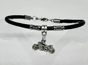 Motorbike Motorcycle Charm Bracelet Black Leather stainless Steel Friendship - Picture 1 of 3
