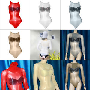 Unisex Women Sexy OilGlossy Bodyhose Sheer Thin Shiny Bodystocking Bodysuit Hood