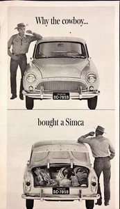 1960 Chrysler Simca Car Vintage Print Ad Cowboy Auto Imported - Picture 1 of 2