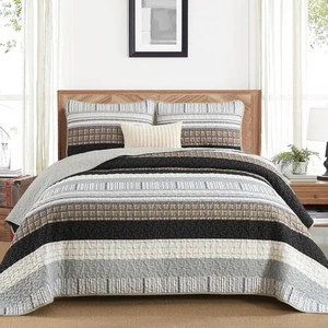 Striped Quilt Set Queen Size, Brown Boho Bedspread Set 3 Pieces Patchwork Cov... - Foto 1 di 7