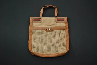 Bolso de Mano Gucci 49 De Colección Cuero Marrón Lona Tejido Malla Rojo Verde 60925CS Foto 1 de 4