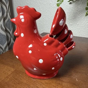 Temptations Red White Polka Dot Rooster Chicken Country 5pc Measuring Spoon Set - Picture 1 of 13