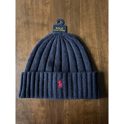 Gorro Polo Ralph Lauren Masculino Azul Marinho Vermelho Pônei Mistura de Lã Costela Malha Algemada NOVO - Imagem 1 de 3