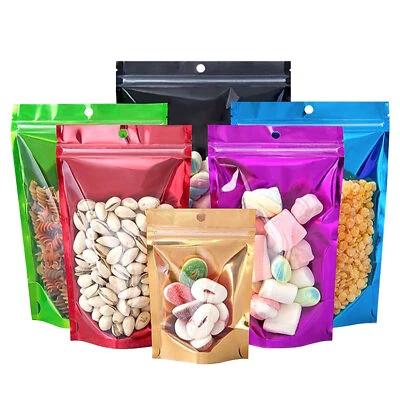 8-100 Color & Clear Mylar Foil Stand Up Resealable Food Storage Packaging Bags - Image 1 of 4