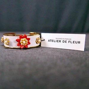 Atelier De Fleur Gold Tone Cuff Lt Bl Suede Inlay Yellow Red Enamel Flora Paris - Picture 1 of 17