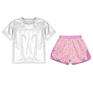 Kids Sportswear Round Neck Qutfit Sequins Sets Metallic Activewear Sparkling - Picture 1 of 77
