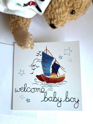 WELCOME BABY BOY CARD;VINTAGE CHARM;UNUSUAL; BLUE/CREAM; UK MADE;BOAT;BLANK - Image 1 of 4