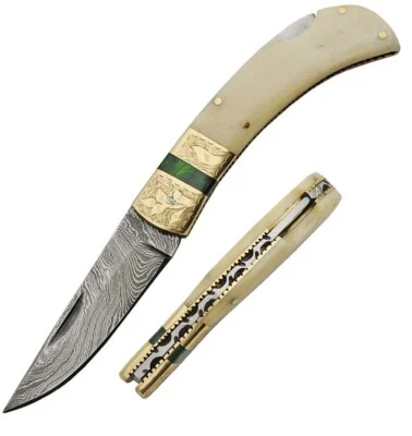Cuchillo Plegable Damasco Bloqueo 3" Acero Clip Punta Hoja Blanco Mango Hueso Liso Foto 1 de 3