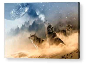 FANTASY WOLF HOWLING AT MOON 003 CANVAS BOX ART A4, A3, A2, A1 - Picture 1 of 6