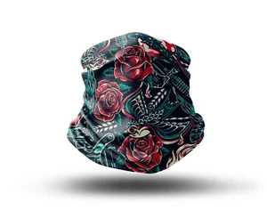 Washable Fabric Face Cover Neck Gaiter Unique Rose Bird Tattoo Design EU Made - Picture 1 of 6