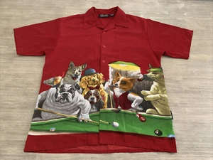 RARE Vintage DRAGONFLY DOGS PLAYING POOL BUTTON UP SHIRT RED MENS Sz L - Picture 1 of 10
