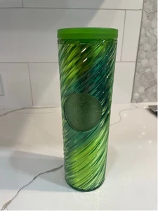 Starbucks Tumbler Cup Metallic Green 16 oz Swirl Top Lid Logo Skinny 2022 Foil - Picture 1 of 6